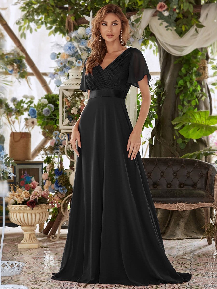 Long Empire Waist Bridesmaid Dress with Short Flutter Sleeves