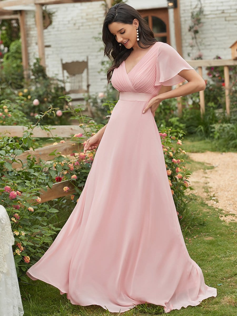 Long Empire Waist Bridesmaid Dress with Short Flutter Sleeves