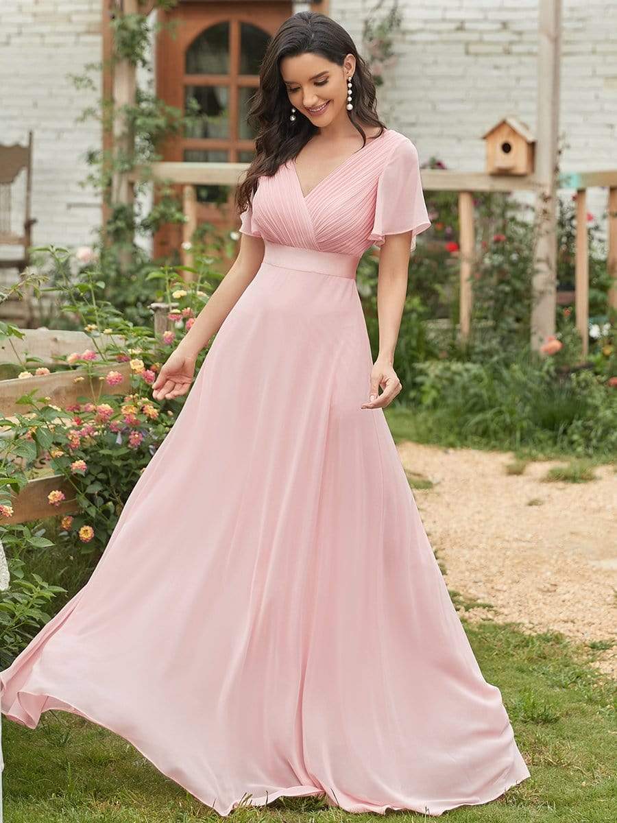 Long Empire Waist Bridesmaid Dress with Short Flutter Sleeves