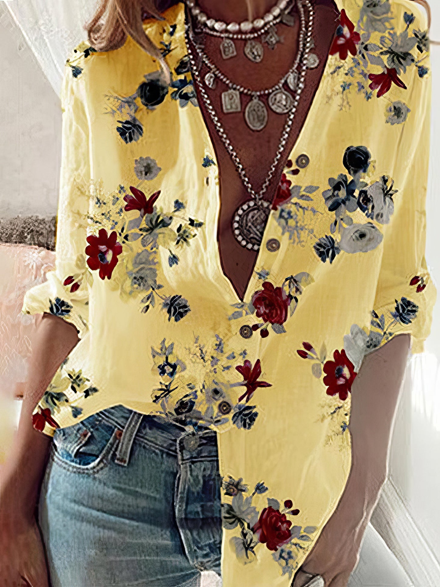 Blouses - Long Sleeve Flower Print Lapel Shirt - MsDressly