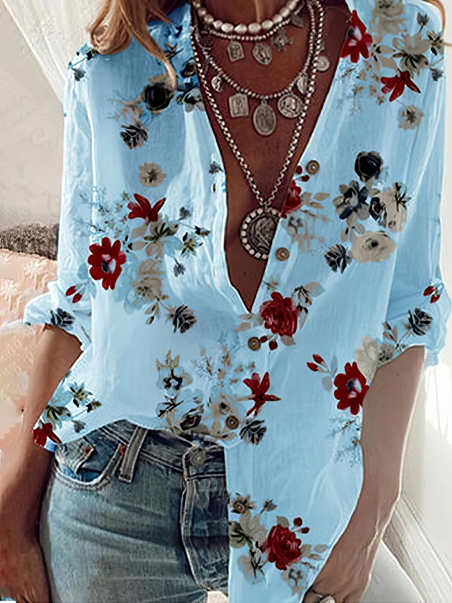 Blouses - Long Sleeve Flower Print Lapel Shirt - MsDressly