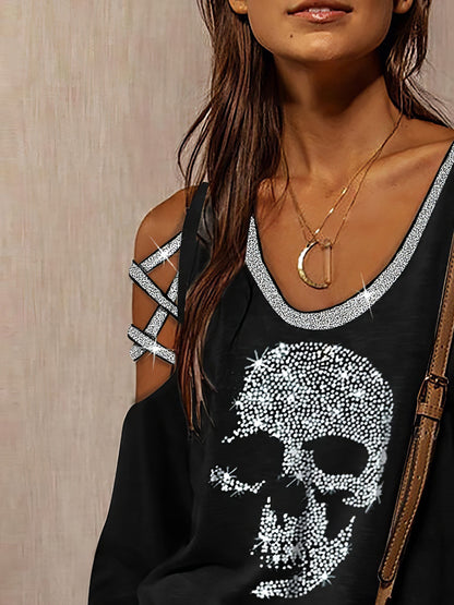 Long Sleeve V-Neck Skull Print Hollow T-Shirt