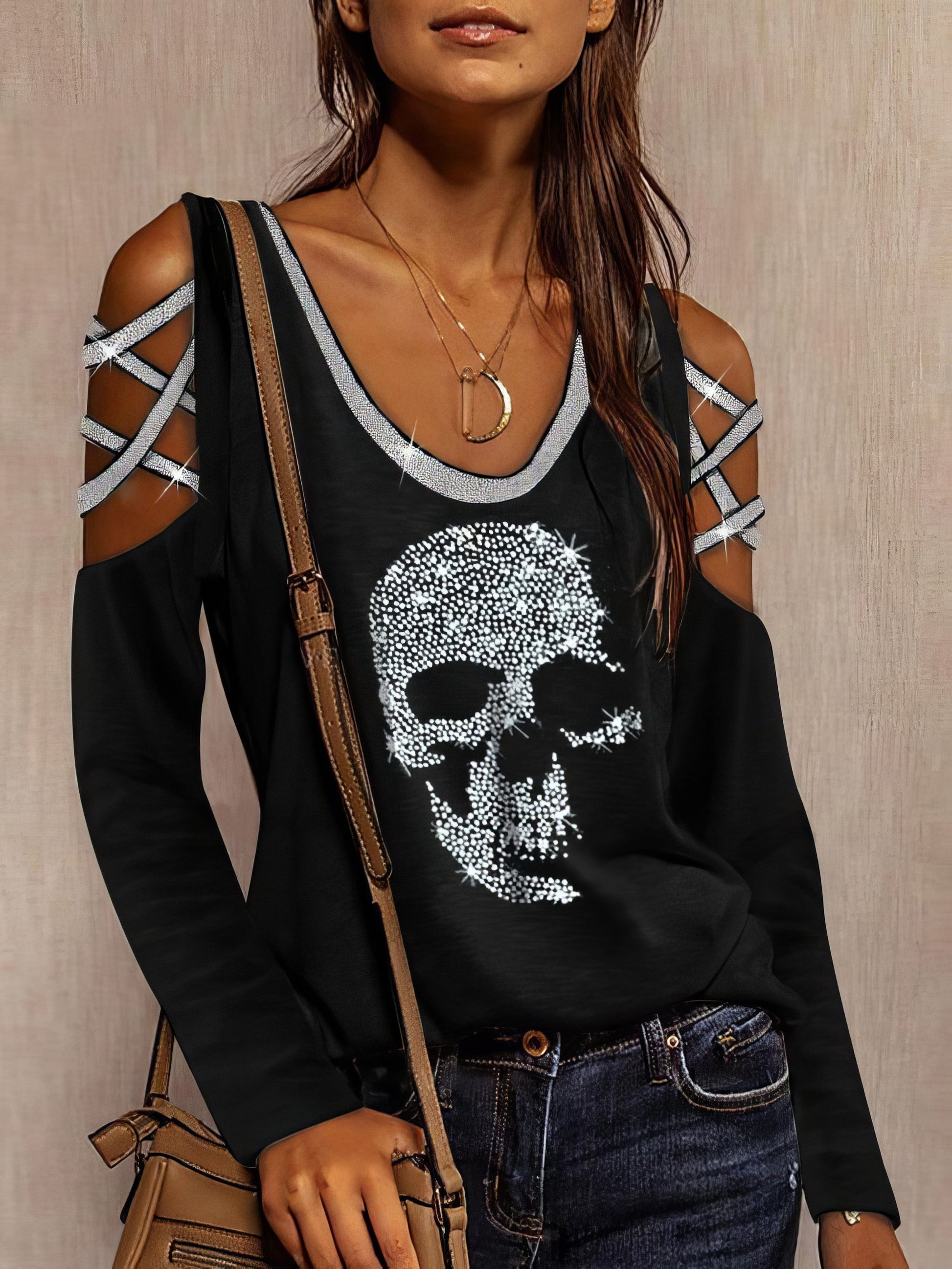 Long Sleeve V-Neck Skull Print Hollow T-Shirt