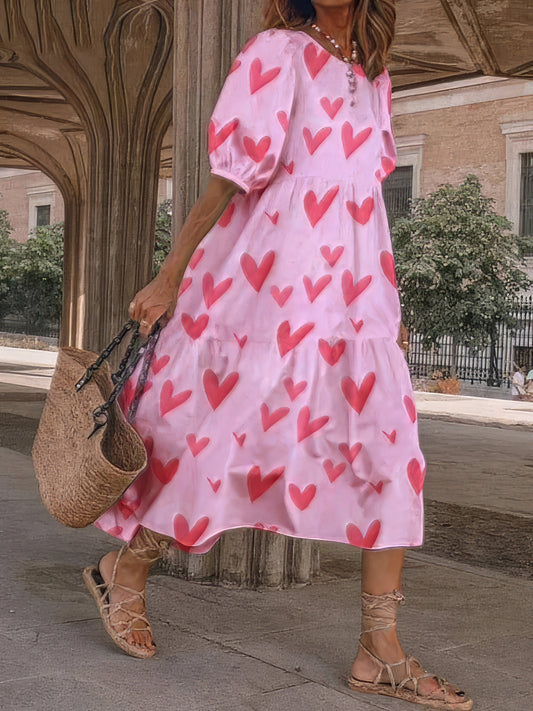 Midi Dresses - Loose Heart Print Puff Sleeve Dress - MsDressly