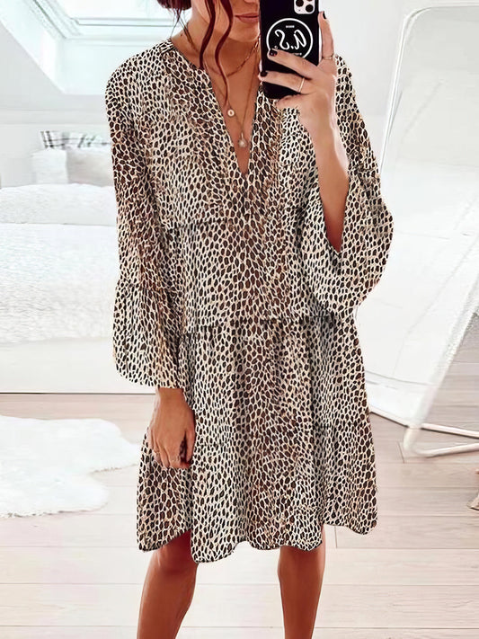 Loose Leopard Print V-neck Dress - Drop Shoulder- A-Line - Closed - Cape - Paneled