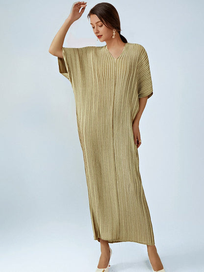 Loose Pleated Commuting Temperament High Waist  V-Neck Maxi Dress