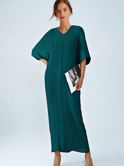 Loose Pleated Commuting Temperament High Waist  V-Neck Maxi Dress