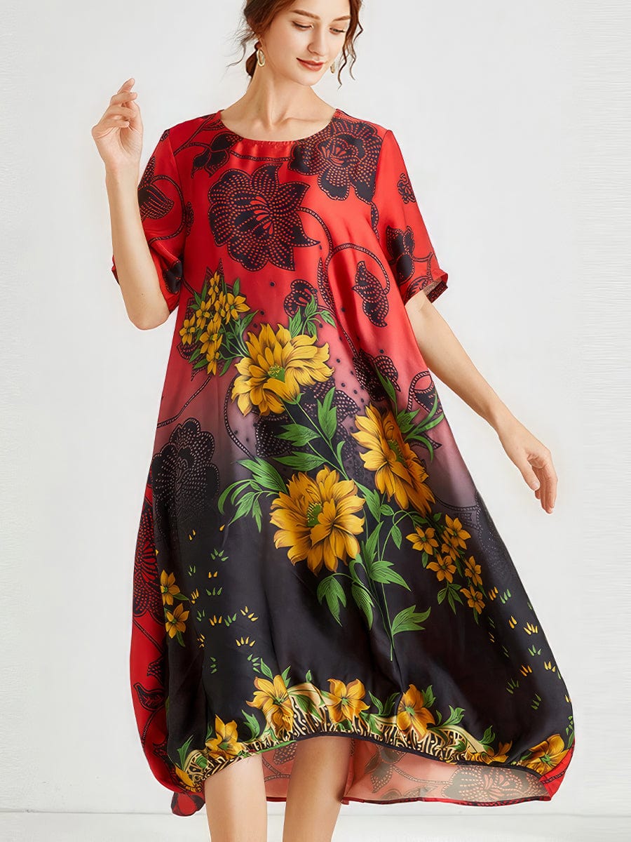 Loose Slimming Printed Short Sleeved Midi Dress