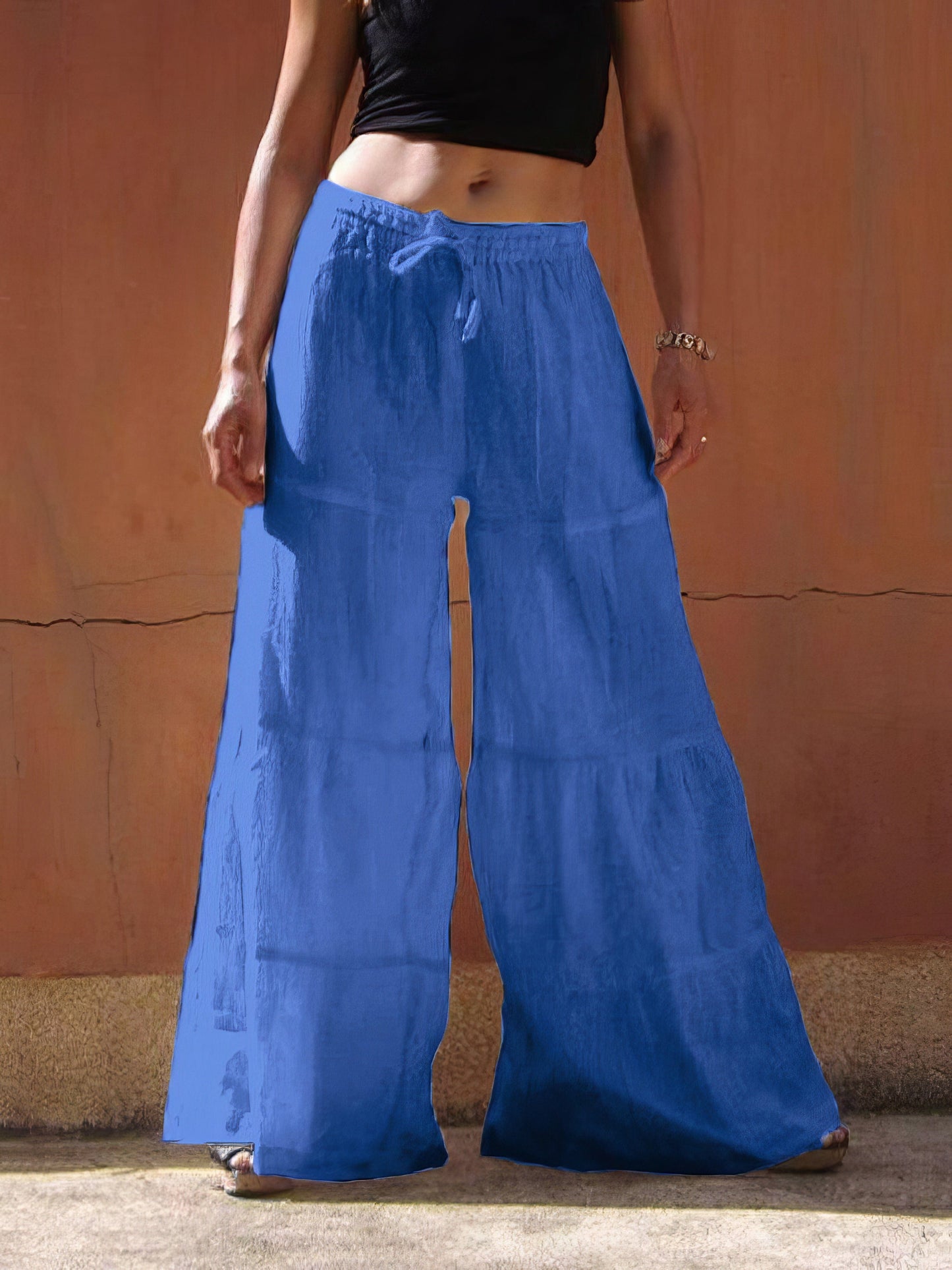 Loose Solid Elastic Waist Plus Size Wide Leg Pants