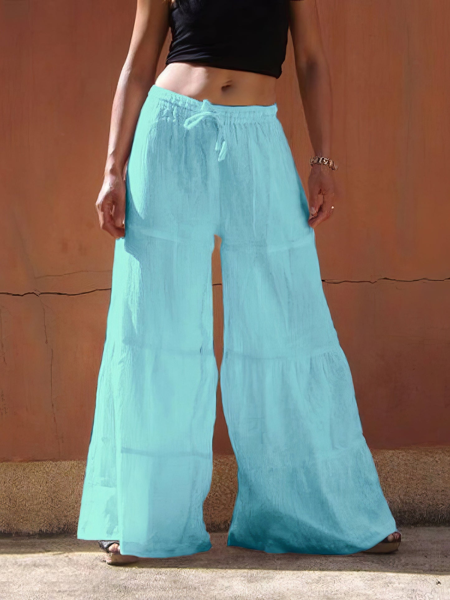 Loose Solid Elastic Waist Plus Size Wide Leg Pants