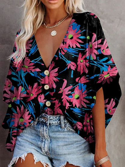 Loose V-neck Printed Mid-sleeve Blouse