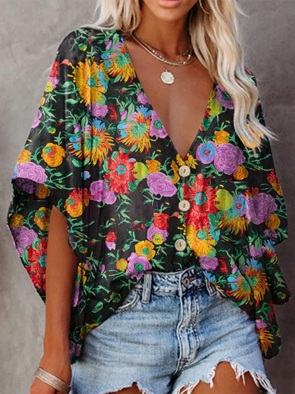 Loose V-neck Printed Mid-sleeve Blouse