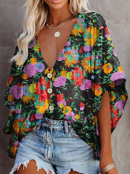 Loose V-neck Printed Mid-sleeve Blouse