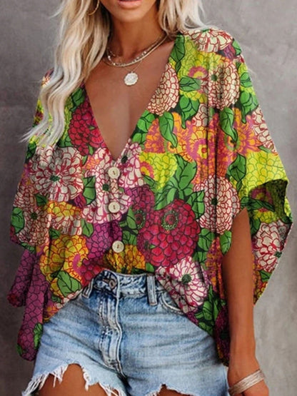 Loose V-neck Printed Mid-sleeve Blouse