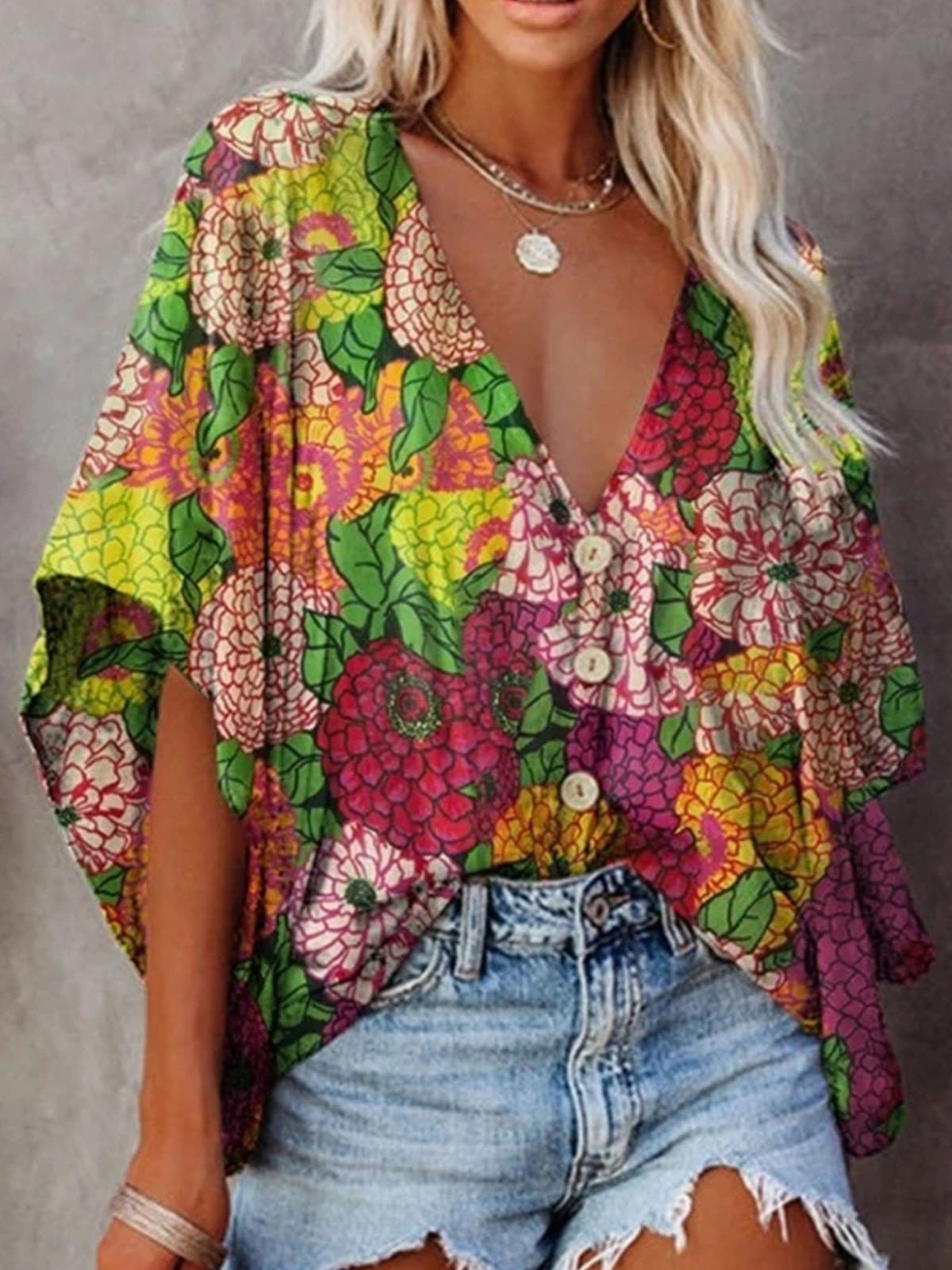 Loose V-neck Printed Mid-sleeve Blouse