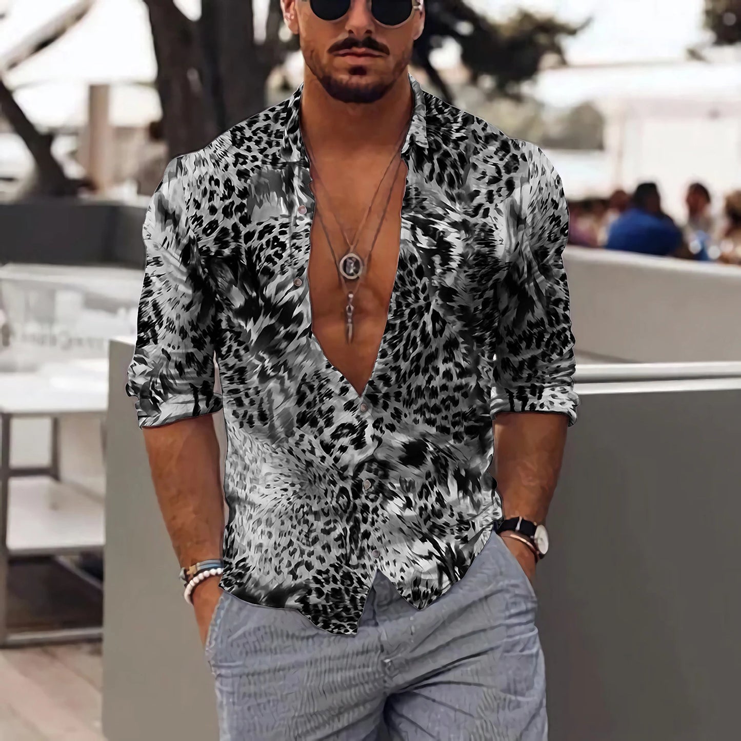 Men's Shirt Graphic Shirt Leopard Stand Collar Black Red Purple Brown Green 3D Print Outdoor Casual Long Sleeve 3D Print Button-Down Clothing Apparel Fashion Designer Casual Comfortable