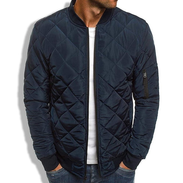 Men's Bomber Jacket Quilted Jacket Padded Sports & Outdoor Casual Classic & Timeless Warm Winter Solid Color Navy Wine Red ArmyGreen Black Puffer Jacket