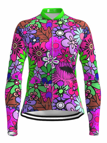 21Grams Women's Cycling Jersey Long Sleeve Bike Top with 3 Rear Pockets Mountain Bike MTB Road Bike Cycling Breathable Moisture Wicking Quick Dry Reflective Strips Yellow Blue Purple Rainbow Floral - LuckyFash™