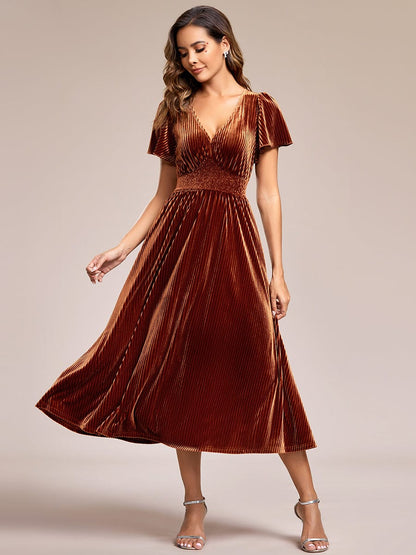 Luxurious Velvet Pleated Wedding Guest Dress with Short Sleeves