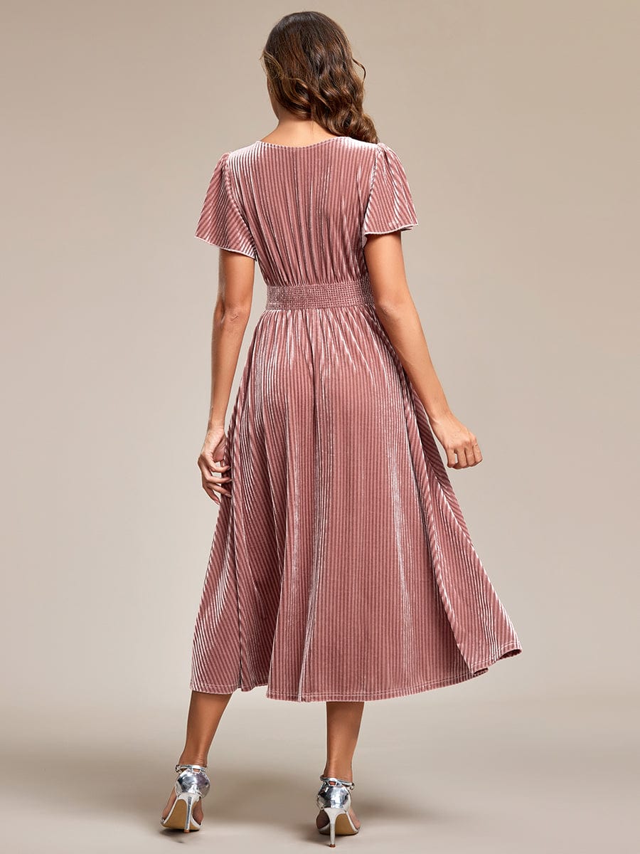 Luxurious Velvet Pleated Wedding Guest Dress with Short Sleeves