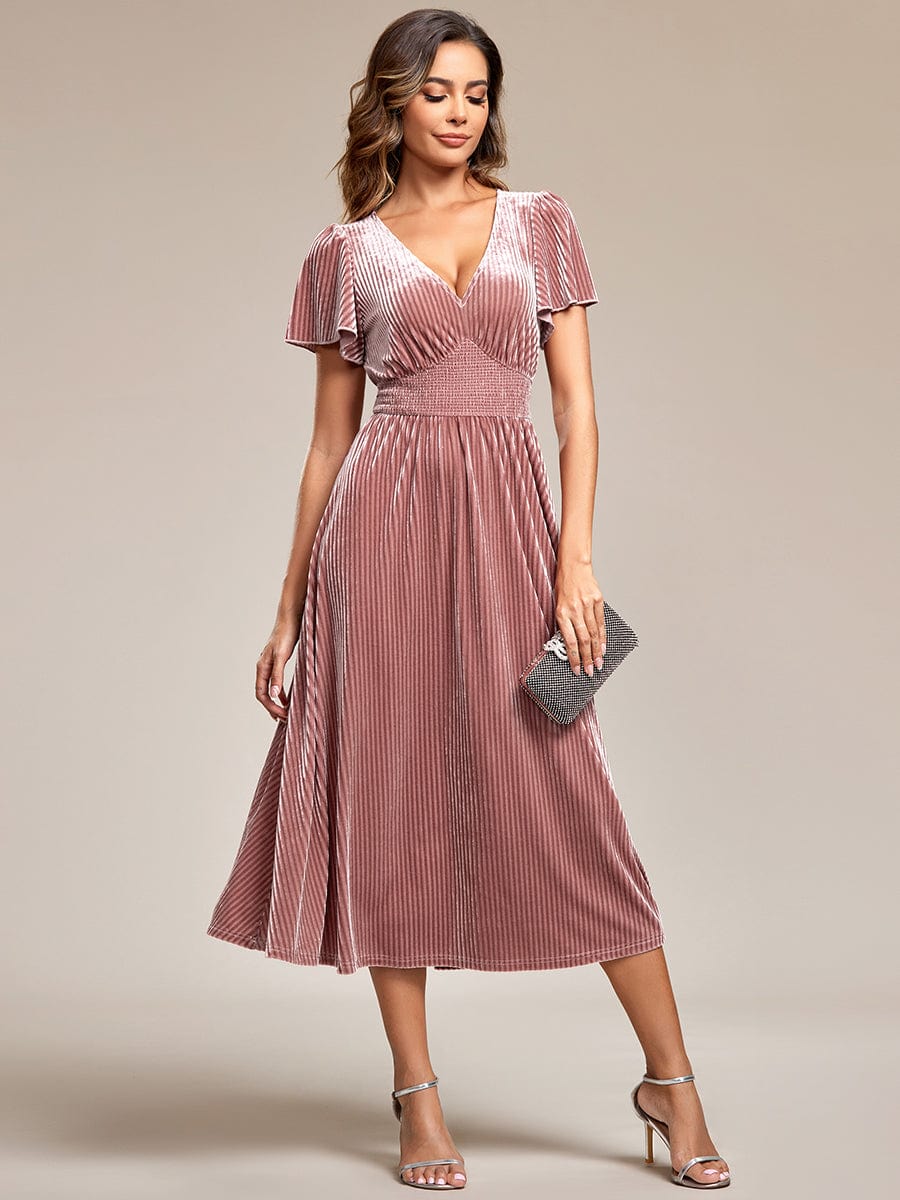 Luxurious Velvet Pleated Wedding Guest Dress with Short Sleeves