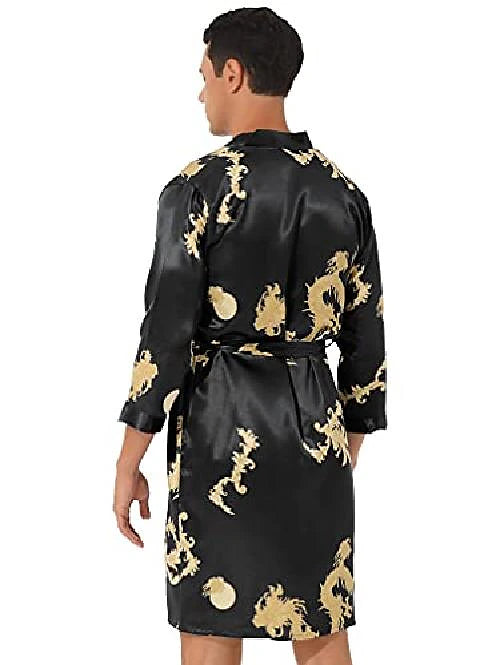 Men's Plus Size Pajamas Robe Silk Robe Sleepwear 2 Pieces Animal Luxury Home Faux Silk Polyester Long Sleeve Shorts Belt Included Spring Summer Black Blue