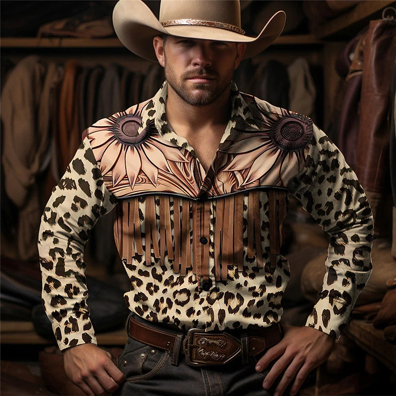 Leopard Floral Vintage western style Men's Shirt Western Shirt Outdoor Street Casual Daily Fall & Winter Turndown Long Sleeve Brown Gray S M L Shirt