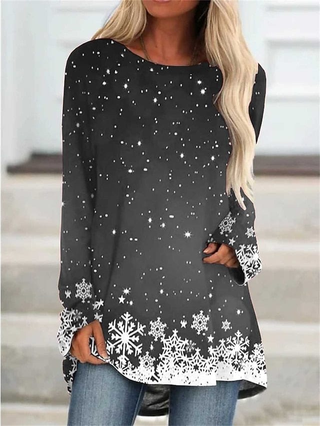 Snowflake Print Women's Christmas Long Sleeve T-shirt