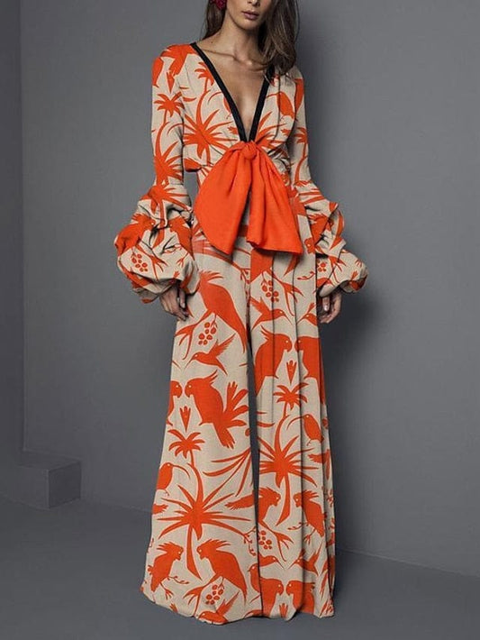 Maillard Bow Print V-Neck Jumpsuit with Boho Floral Print