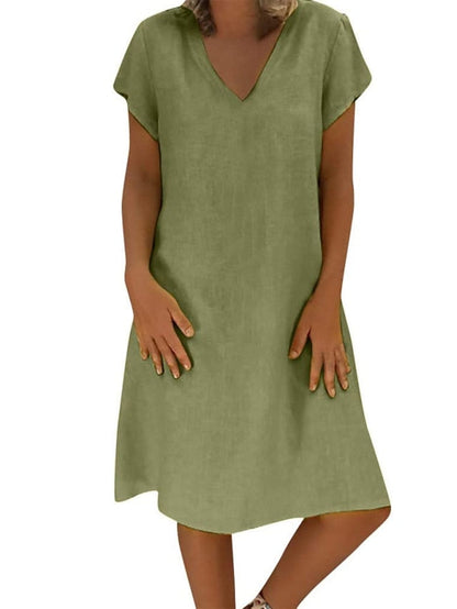 Women's Shift Dress Midi Dress Yellow Army Green Khaki Short Sleeve Pure Color Spring Summer V Neck Basic Daily Weekend Loose Fit 2023 M L XL XXL 3XL 4XL 5XL - LuckyFash™