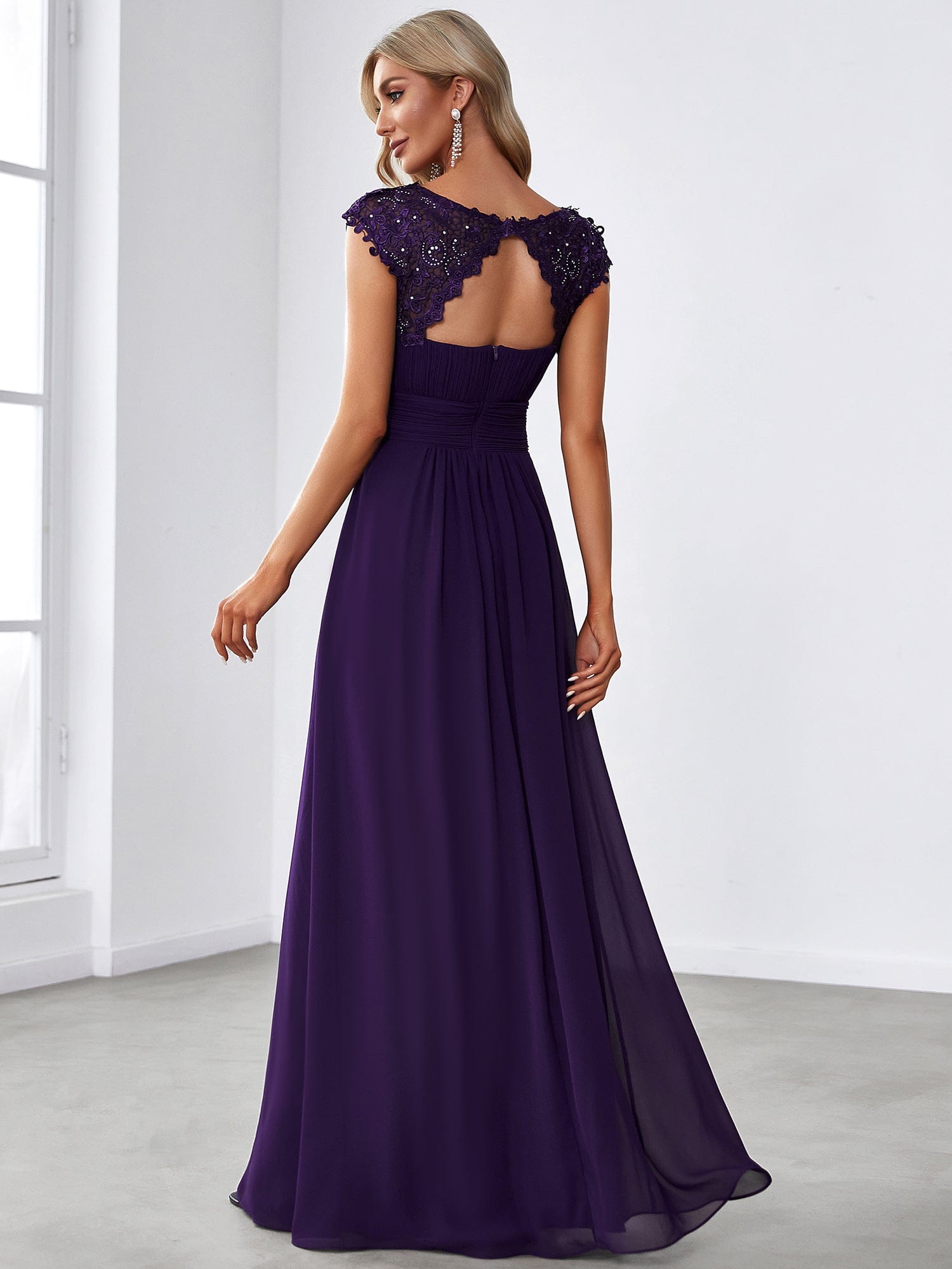 Maxi Lace Cap Sleeve Long Formal Evening Dress