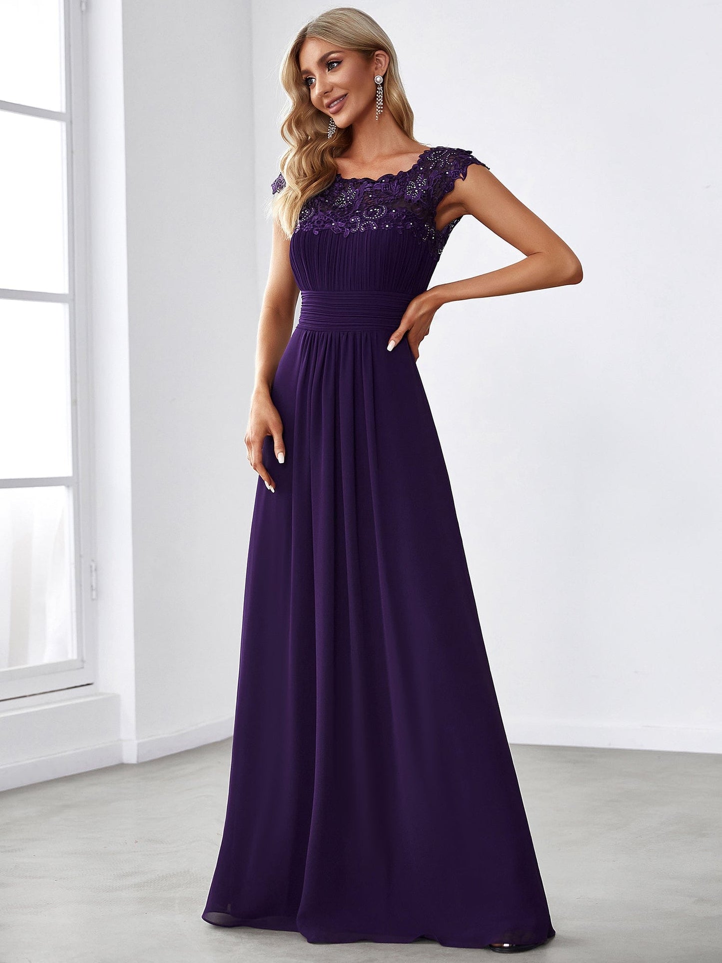 Maxi Lace Cap Sleeve Long Formal Evening Dress