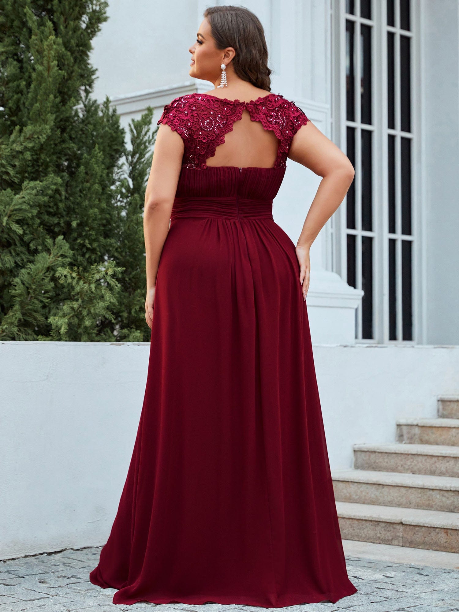 Maxi Lace Cap Sleeve Long Formal Evening Dress