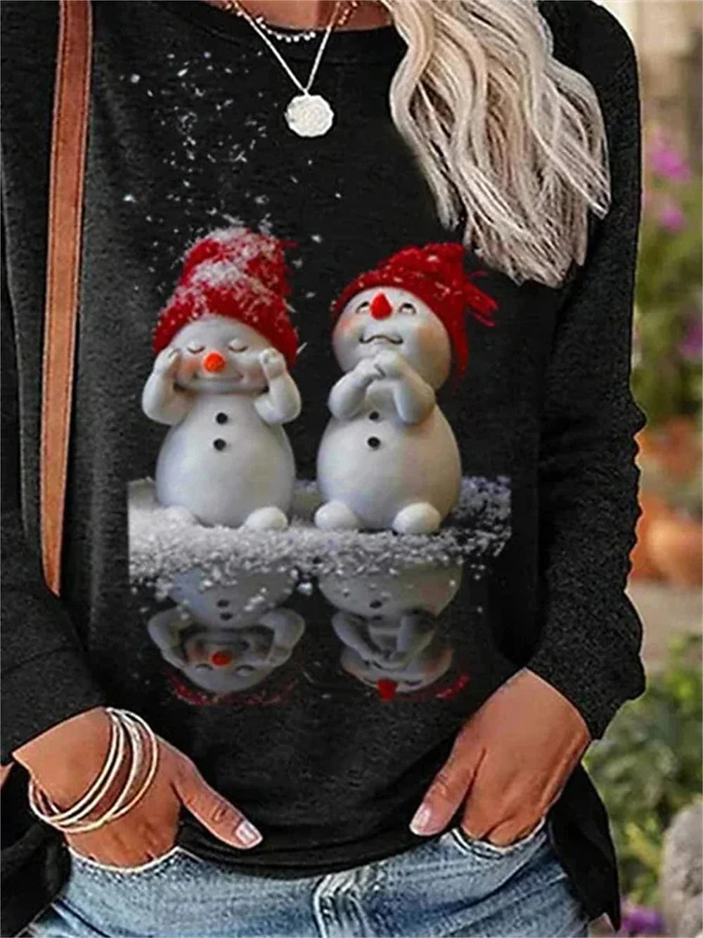Festive Snowman Print Long Sleeve T-shirt for Women