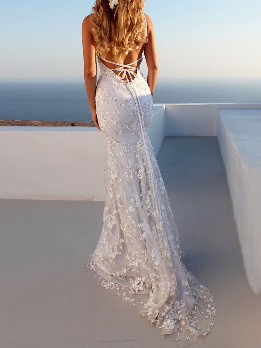 Mermaid Spaghetti Straps Lace Beach Wedding Dress