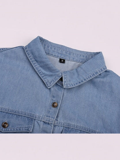 Women's Denim Shirt Dress Maxi long Dress Dark Blue Light Blue Short Sleeve Solid Color Pocket Button Spring Summer Shirt Collar Hot Casual Vintage 2023 S M L XL XXL 3XL / Loose - LuckyFash™
