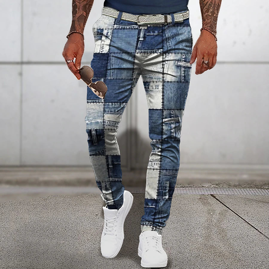 Christmas Patchwork Denim Pants Mens Graphic Plaid Geometry Business 3D Print Trousers Outdoor Street Wear To Polyester Navy Blue Royal Mid Waist Elasticity Casual Navy-Blue