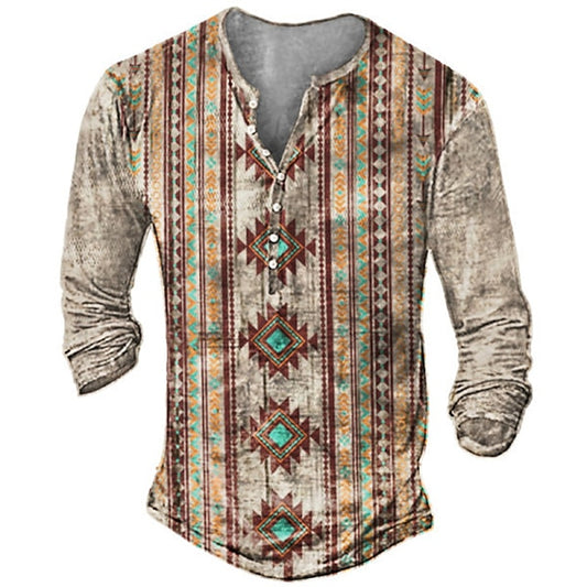Men's T shirt Tee Henley Shirt Tee Graphic Tribal Vintage Henley Red Blue Purple Khaki Light Blue Plus Size Street Casual Long Sleeve Button-Down Print Clothing Apparel Stylish Ethnic Style Vintage