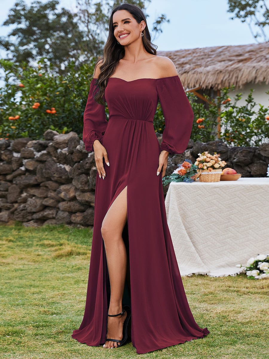 Modern Chic Off-Shoulder Chiffon Bridesmaid Gown with High Slit and Long Sleeves