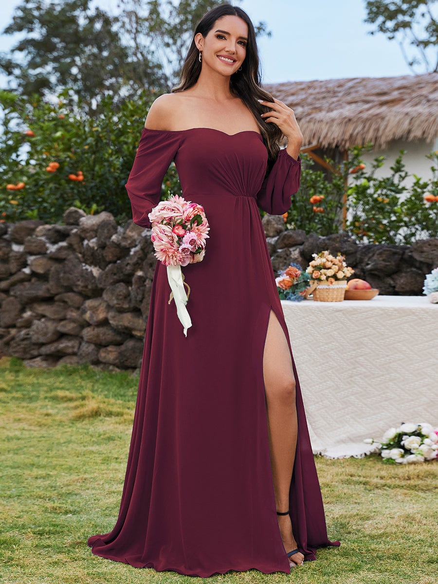 Modern Chic Off-Shoulder Chiffon Bridesmaid Gown with High Slit and Long Sleeves