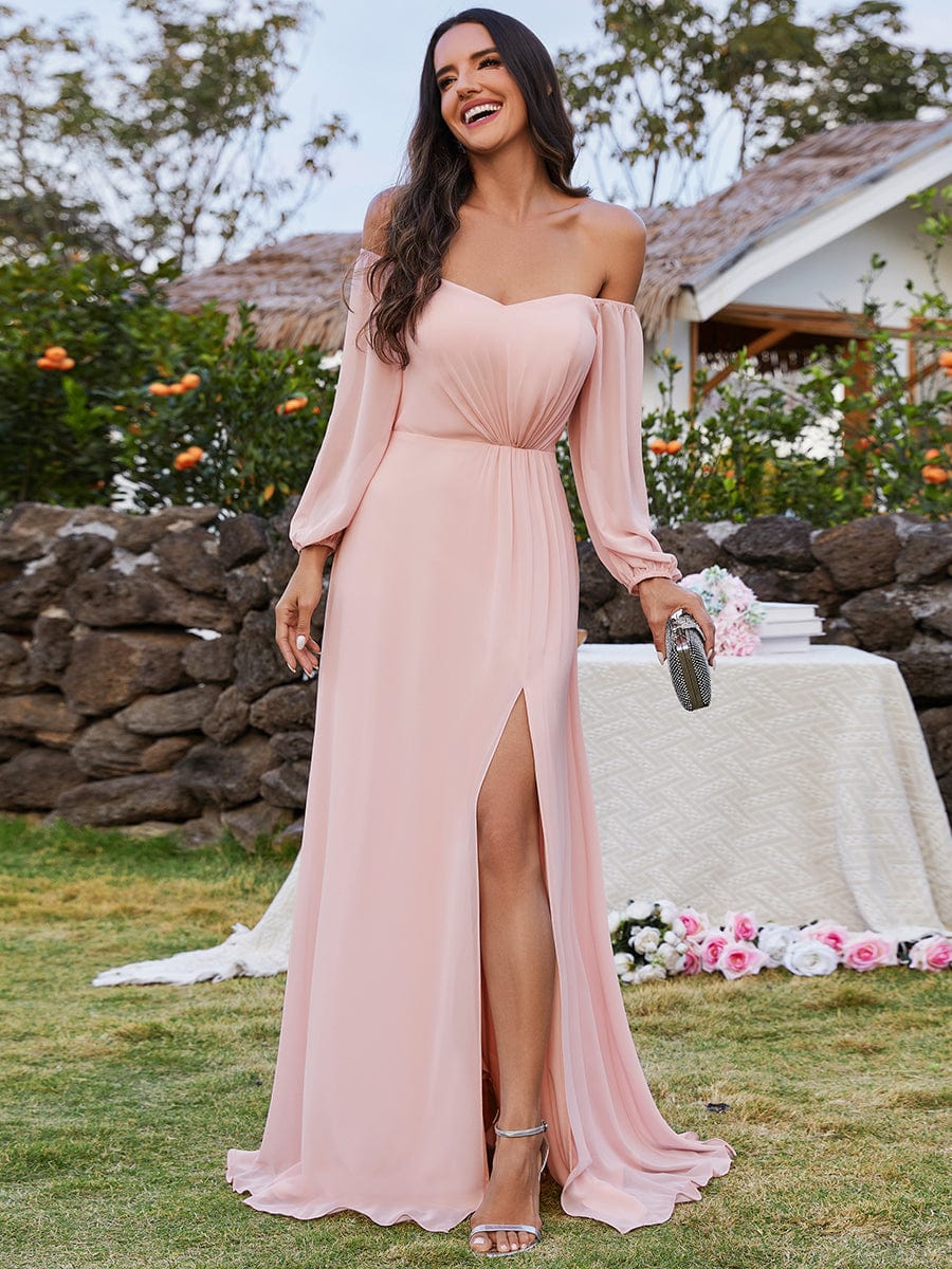 Modern Chic Off-Shoulder Chiffon Bridesmaid Gown with High Slit and Long Sleeves