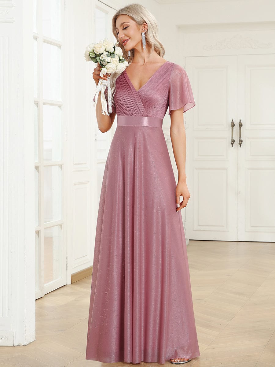 Moonlit V-Neck Ruffle Sleeved Evening Dress