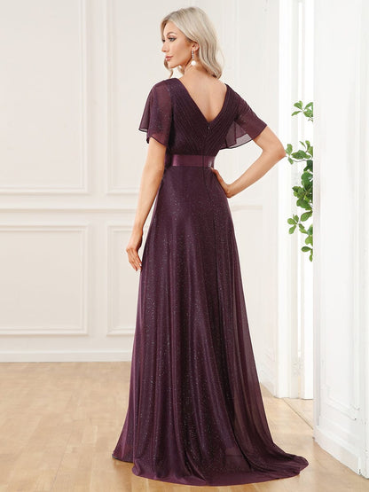 Moonlit V-Neck Ruffle Sleeved Evening Dress