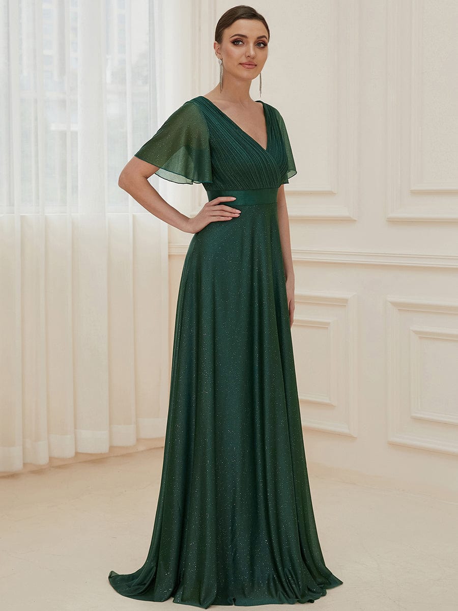 Moonlit V-Neck Ruffle Sleeved Evening Dress