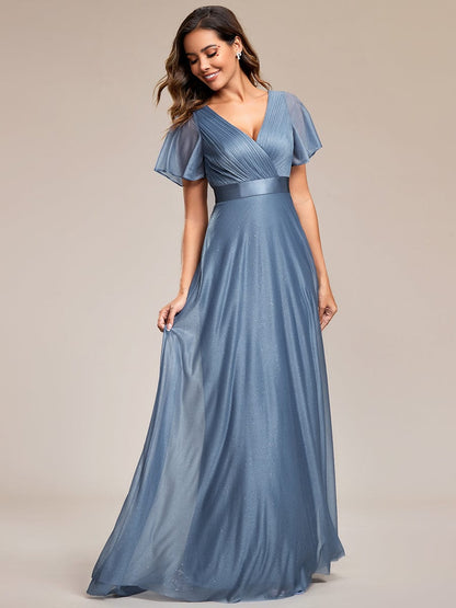 Moonlit V-Neck Ruffle Sleeved Evening Dress