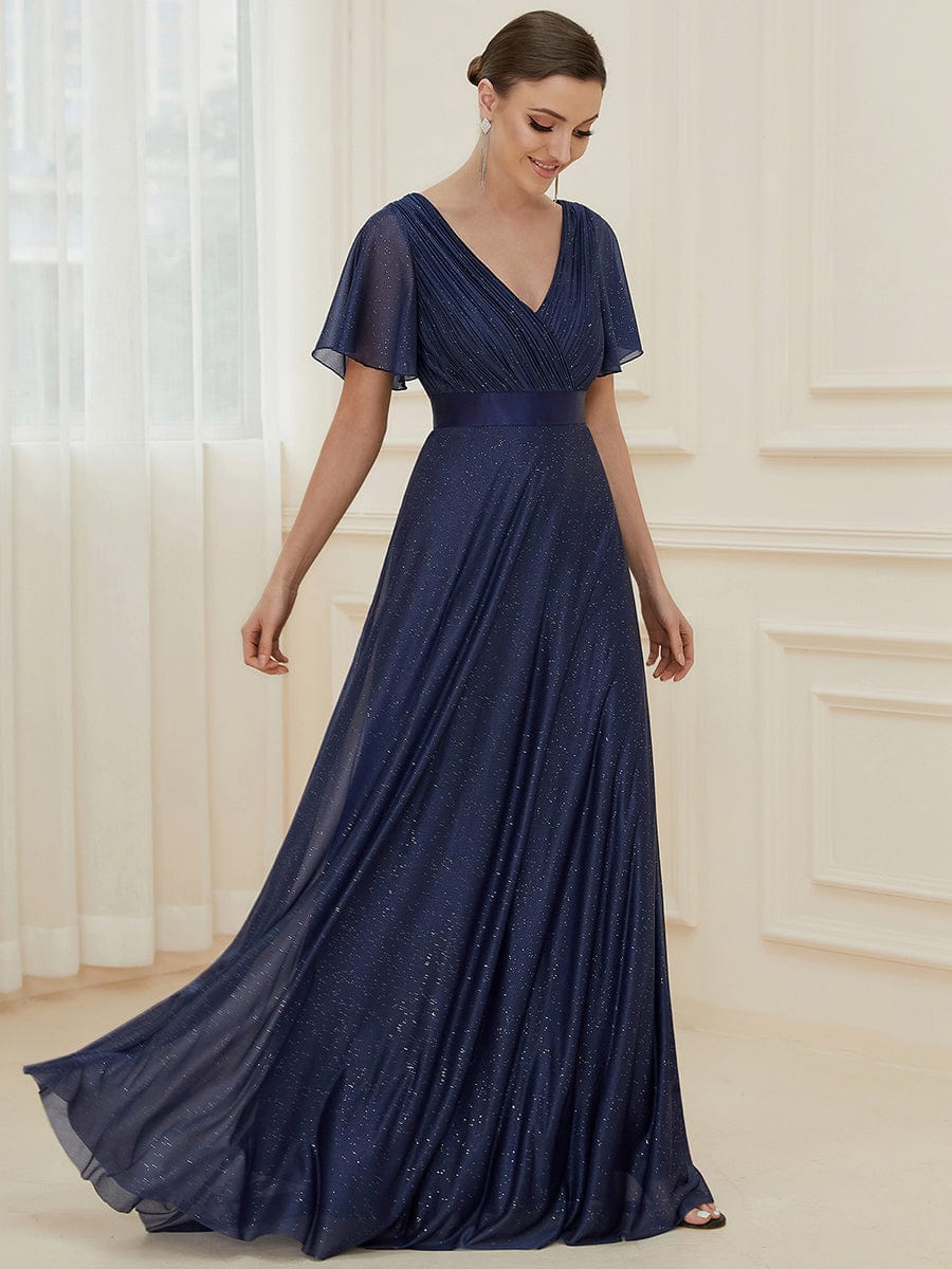 Moonlit V-Neck Ruffle Sleeved Evening Dress