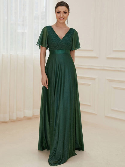 Moonlit V-Neck Ruffle Sleeved Evening Dress