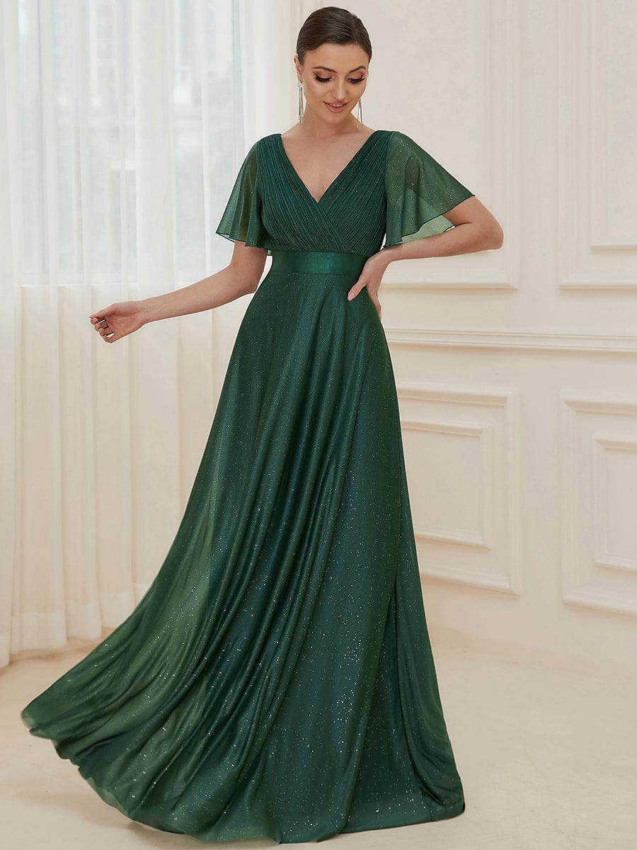 Moonlit V-Neck Ruffle Sleeved Evening Dress