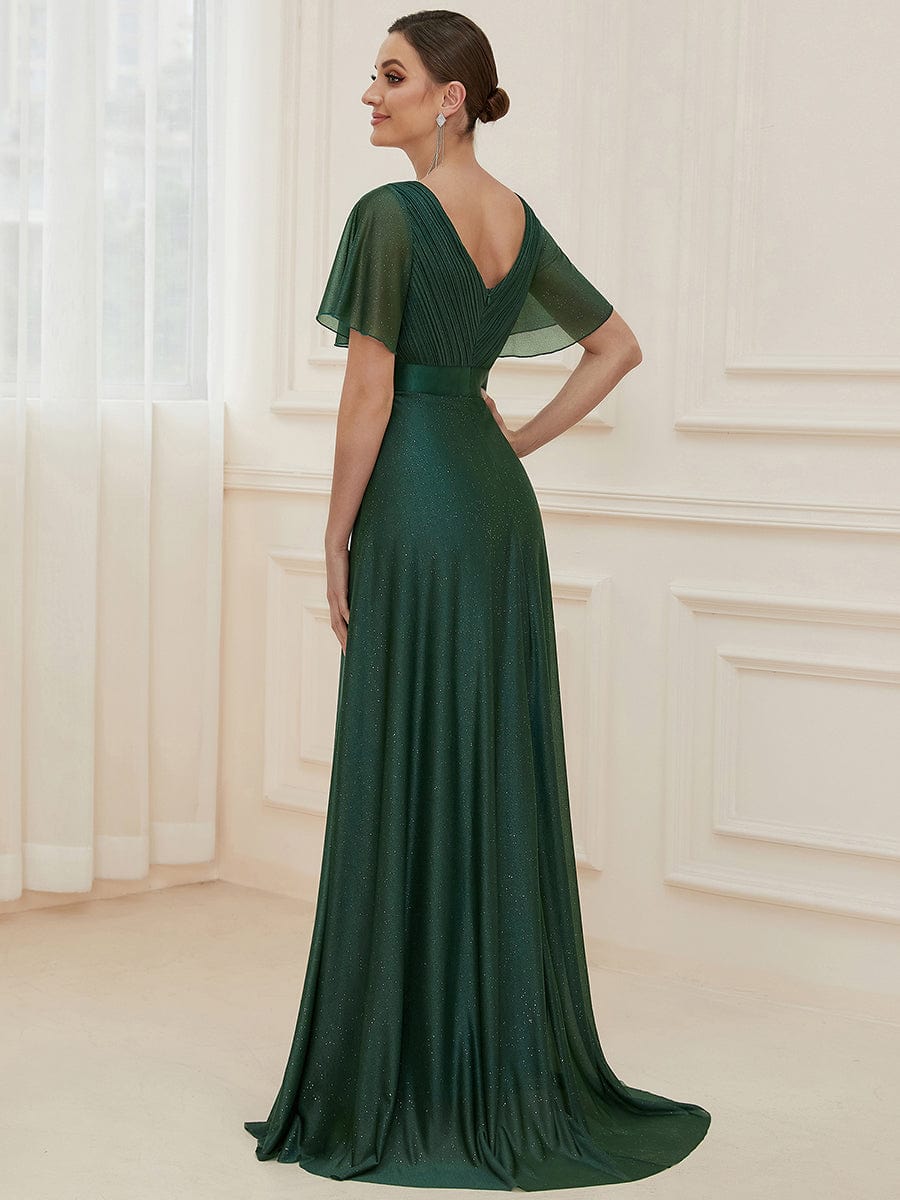 Moonlit V-Neck Ruffle Sleeved Evening Dress