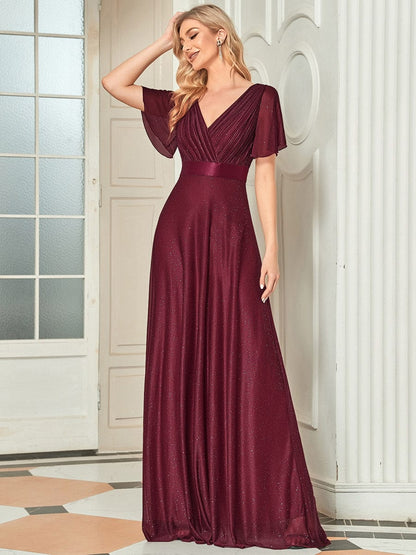 Moonlit V-Neck Ruffle Sleeved Evening Dress